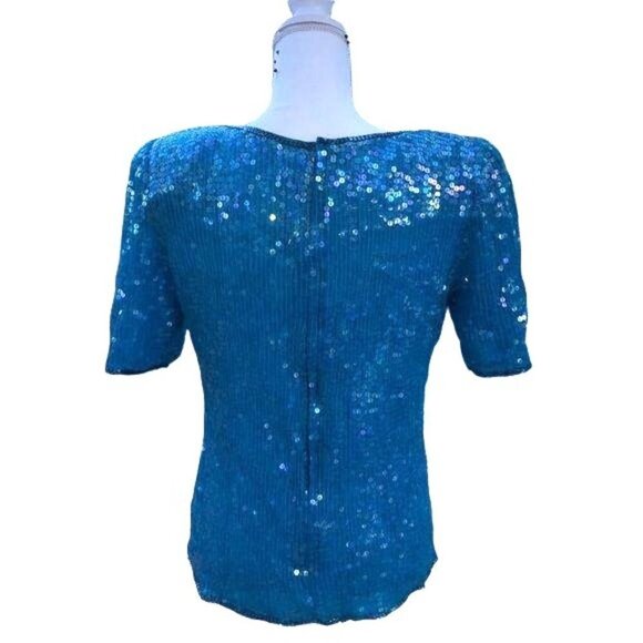 Saks Fifth Avenue Silk Top Small S Womens Vintage Blue Sequin Short Sleeve - Picture 2 of 12